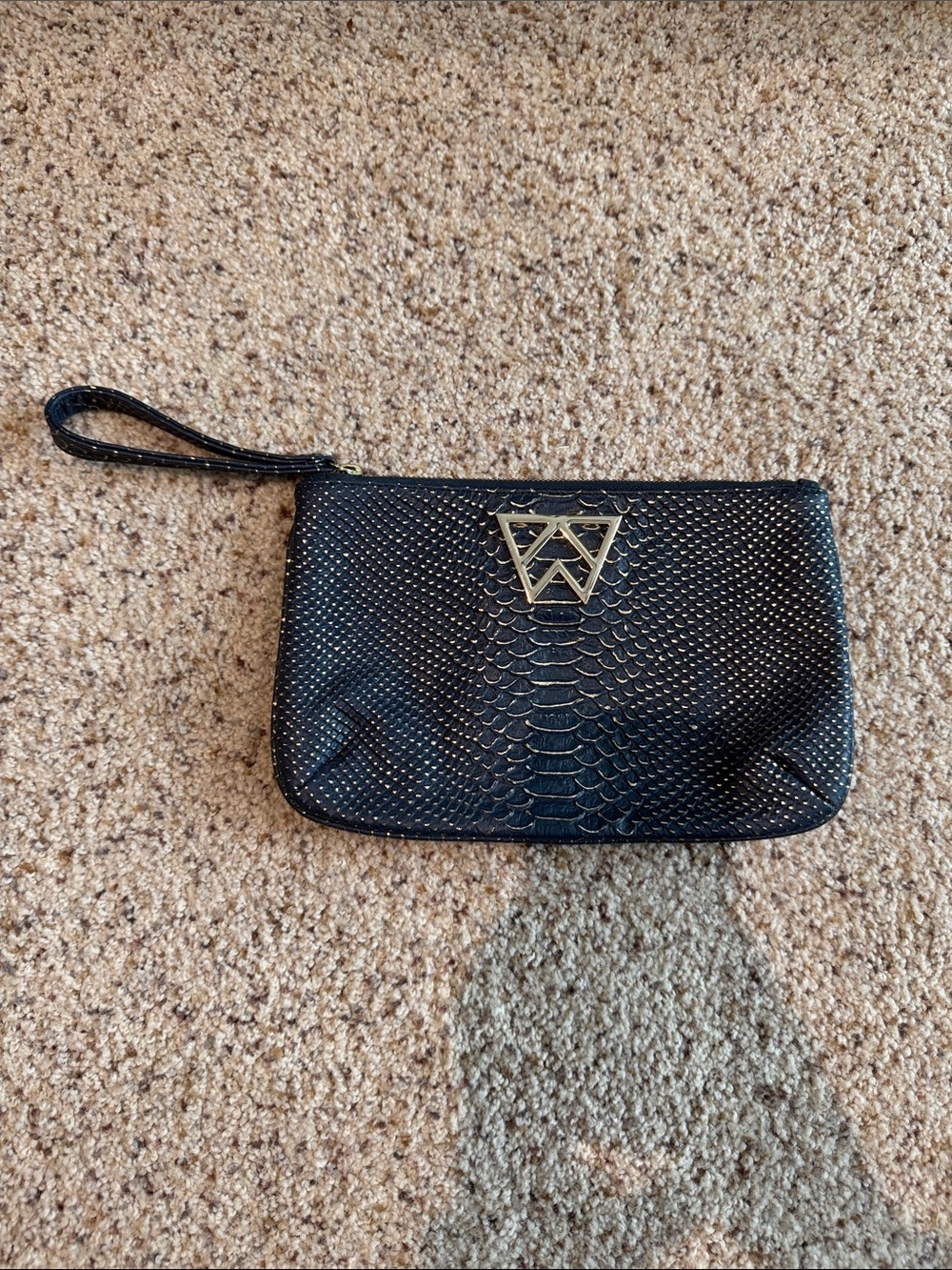 Navy Textured Wristlet Clutch with Gold Logo